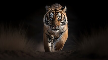 Obraz premium A Bengal Tiger, captured mid-stride, its sinewy muscles standing out beneath its luminous fur