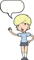 cartoon girl waving with speech bubble