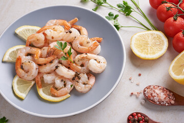 Shrimp Scampi traditional dish on wooden background top view. Shrimp fried in garlic batter with...