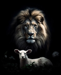 The lion and the lamb, sheep portrait in a black background.