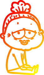 warm gradient line drawing of a cartoon happy old lady