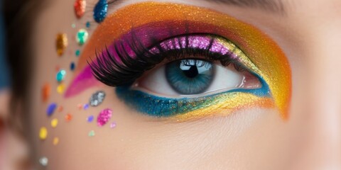 Female eye with colorful festival make-up. Beautiful woman eye with long eyelashes.. Macro and close-up creative make-up theme