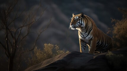 Fototapeta na wymiar Bengal Tiger, its head raised proudly, oversees its territory from a high rocky perch