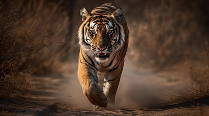 A Bengal Tiger in mid-stride, its powerful muscles rippling beneath its golden fur