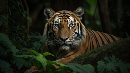 Obraz premium A Bengal Tiger, its senses heightened, eyes intently surveying the surroundings for lurking danger