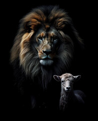 Obraz na płótnie Canvas The lion and the lamb, sheep portrait in a black background.