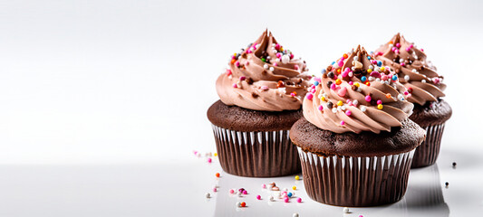 Creative food composition. Chocolate cupcakes muffins with cream frosting sprinkles on white background. Template for product presentation display. copy text space banner	
