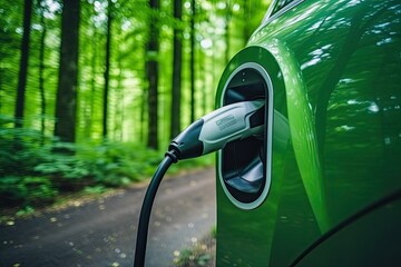 Green electric vehicle connected to charger, Carbon credit carbon neutrality goal 2050, Generative AI - obrazy, fototapety, plakaty