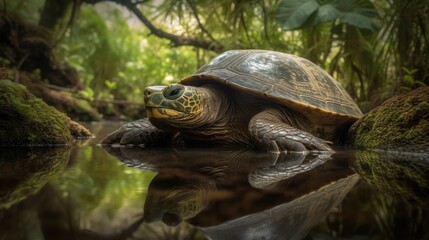 Fototapeta premium A grand Galapagos Tortoise gradually navigating its way through a verdant, tropical forest