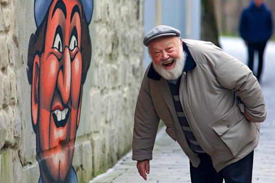 An elderly man, laughing because he has seen a graffiti painting on the wall on the street, generative ai