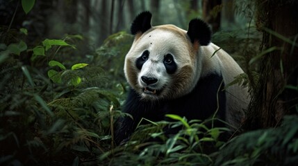 Obraz premium A Giant Panda, playfully rolling amidst the tall bamboo stalks, its infectious energy dominating the tranquil woods