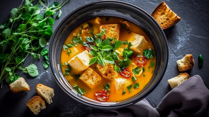 Food photography of tasty soup with croutons and cooking ingredients on black concrete background, top view - ai generative - obrazy, fototapety, plakaty