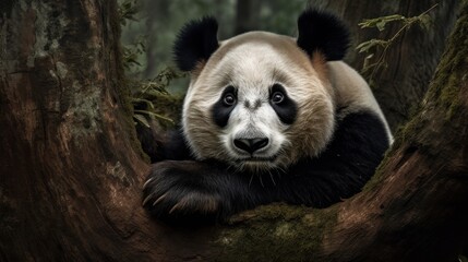 Fototapeta premium A Giant Panda, playfully rolling amidst the tall bamboo stalks, its infectious energy dominating the tranquil woods