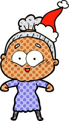 hand drawn comic book style illustration of a happy old woman wearing santa hat