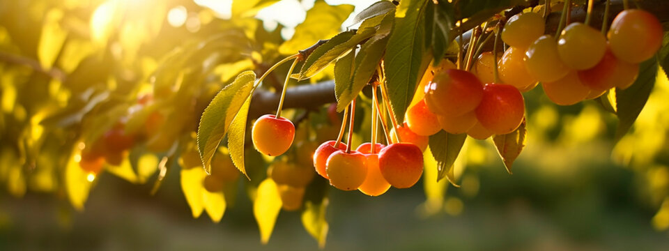 yellow cherry grows in the garden harvest. Generative Ai,