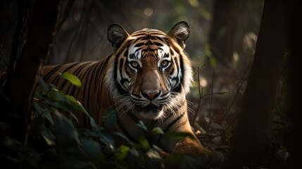 Fototapeta na wymiar A Bengal Tiger, stalking its prey in the heart of the jungle