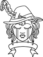 Black and White Tattoo linework Style crying human bard with banner