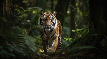 Fototapeta na wymiar A Bengal Tiger, stalking its prey in the heart of the jungle