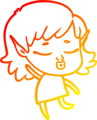 warm gradient line drawing of a pretty cartoon elf girl dancing