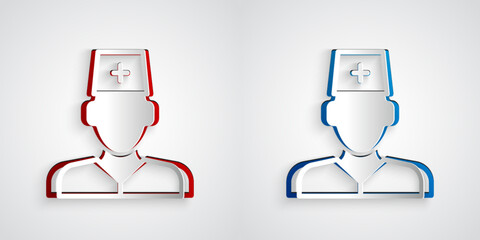 Paper cut Male doctor icon isolated on grey background. Paper art style. Vector