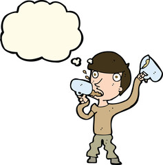 cartoon man drinking beer with thought bubble