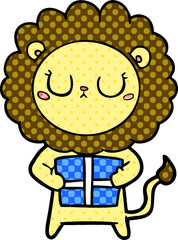cartoon lion with christmas present