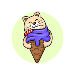 Cute kawaii cat hug an ice cream mascot