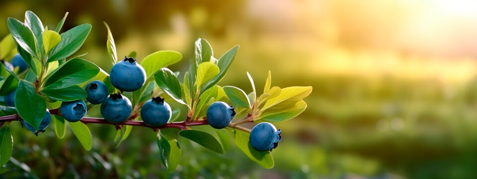 blueberry grows on a tree in the harvest garden. Generative Ai,