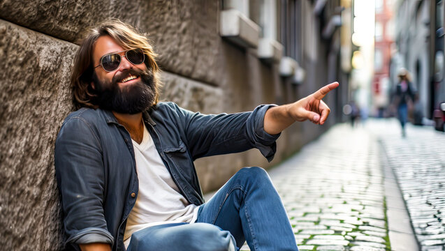 A man with long hair, beard and sunglasses, sitting on the street, laughing and pointing at something, generative ai