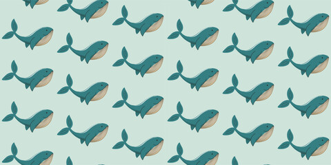 Beautiful background with whales. Sea animal. Cute vector seamless pattern for paper, textile, scrapbooking, kids room decor.