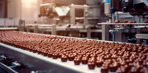 Fototapeta premium tape chocolate, ,in the food industry, products ready for automatic packaging. Concept with automated food production. Generative AI,