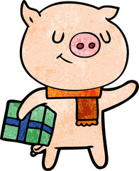 happy cartoon pig with christmas present