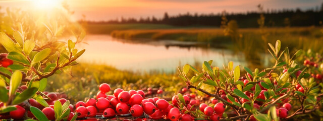 cranberry grows on a tree in the harvest garden. Generative Ai, - obrazy, fototapety, plakaty