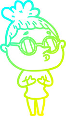 cold gradient line drawing of a cartoon woman wearing glasses