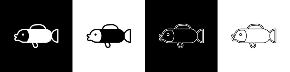Set Puffer fish icon isolated on black and white background. Fugu fish japanese puffer fish. Vector