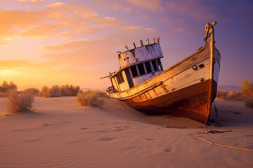 Fototapeta premium An abandoned fishing boat on a desert dune, Generative AI