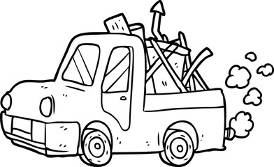 line drawing of a old truck full of junk