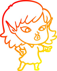 warm gradient line drawing of a pretty cartoon elf girl