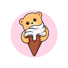 Cute kawaii bear hug an ice cream mascot
