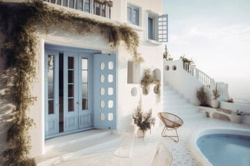 Mediterranean style white elegant house exterior with blue door and window. Modern greek architecture. Traditional villa of Santorini. 6K high definition. Generative AI, human enhanced