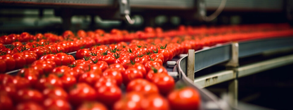 tomatoes, tape in the food industry, products ready for automatic packaging. Concept with automated food production. Generative AI,
