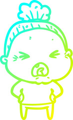 cold gradient line drawing of a cartoon angry old woman