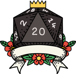 Retro Tattoo Style natural 20 critical hit D20 dice roll