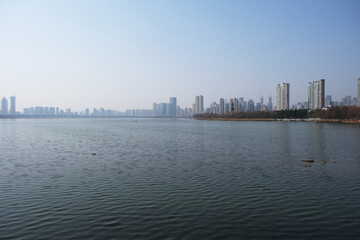 Obraz premium wide Sha Lake in Wuhan, Hubei Province, China. Wuhan city landscape under blue sky