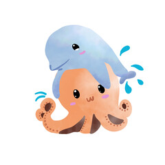 cute octopus on a shoulder sticker, in the style of poured, light orange and blue, anime-inspired character designs, hand-drawn, wet-on-wet blending, soft and rounded forms