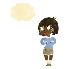 cartoon woman making Who Me? gesture with thought bubble