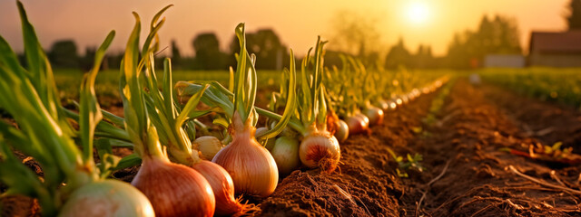 onion grows in the garden harvest. Generative Ai, - obrazy, fototapety, plakaty