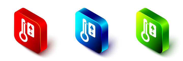 Isometric Sauna thermometer icon isolated on white background. Sauna and bath equipment. Red, blue and green square button. Vector