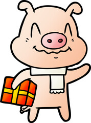 Obraz na płótnie Canvas nervous cartoon pig with present