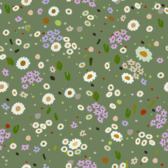 Vector seamless floral pattern. Summer meadow. Colorful flowers on green grass.